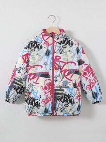 SHEIN Tween Girl 1pc Letter Graphic Reversible Padded Coat - Hot Pink - View 5