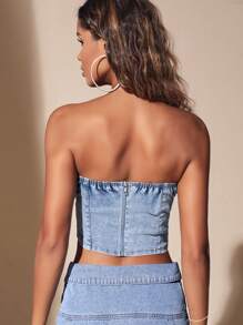 SHEIN BAE Zip Back Tube Denim Top - Blue - View 2
