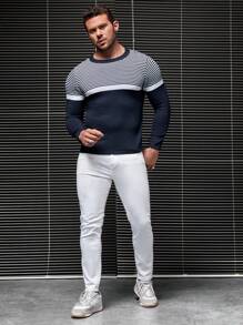 GENTILAND 男士條紋圖案套頭毛衣 - 藏蓝色 - 查看 6