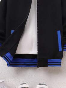 SHEIN Tween Boy Striped Trim Varsity Jacket Without Bag - Black - View 4