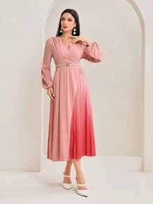 Modelyn 優雅腰帶 百褶 交叉純色女士連衣裙