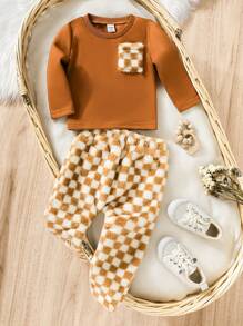 SHEIN 男嬰棋盤格口袋貼布T恤和褲子 - 棕色 - 查看 1