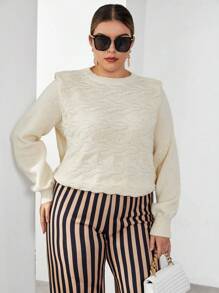 SHEIN Privé 大碼素色墊肩套頭毛衣 - 米色 - 查看 6