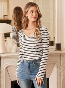SHEIN Frenchy Striped Print Button Back Tee - Black and White - View 4