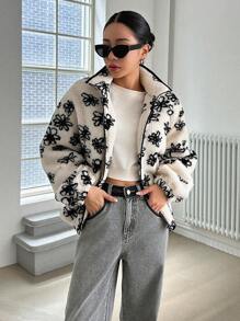 DAZY Floral Print Drop Shoulder Teddy Jacket,Fall Women Clothes