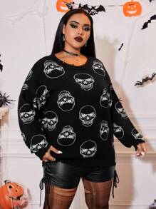 SHEIN EZwear Plus Skull Pattern Drop Shoulder Distressed Sweater