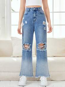 SHEIN 青少年女孩破洞毛邊牛仔喇叭褲 - 中等水洗藍 - 查看 1