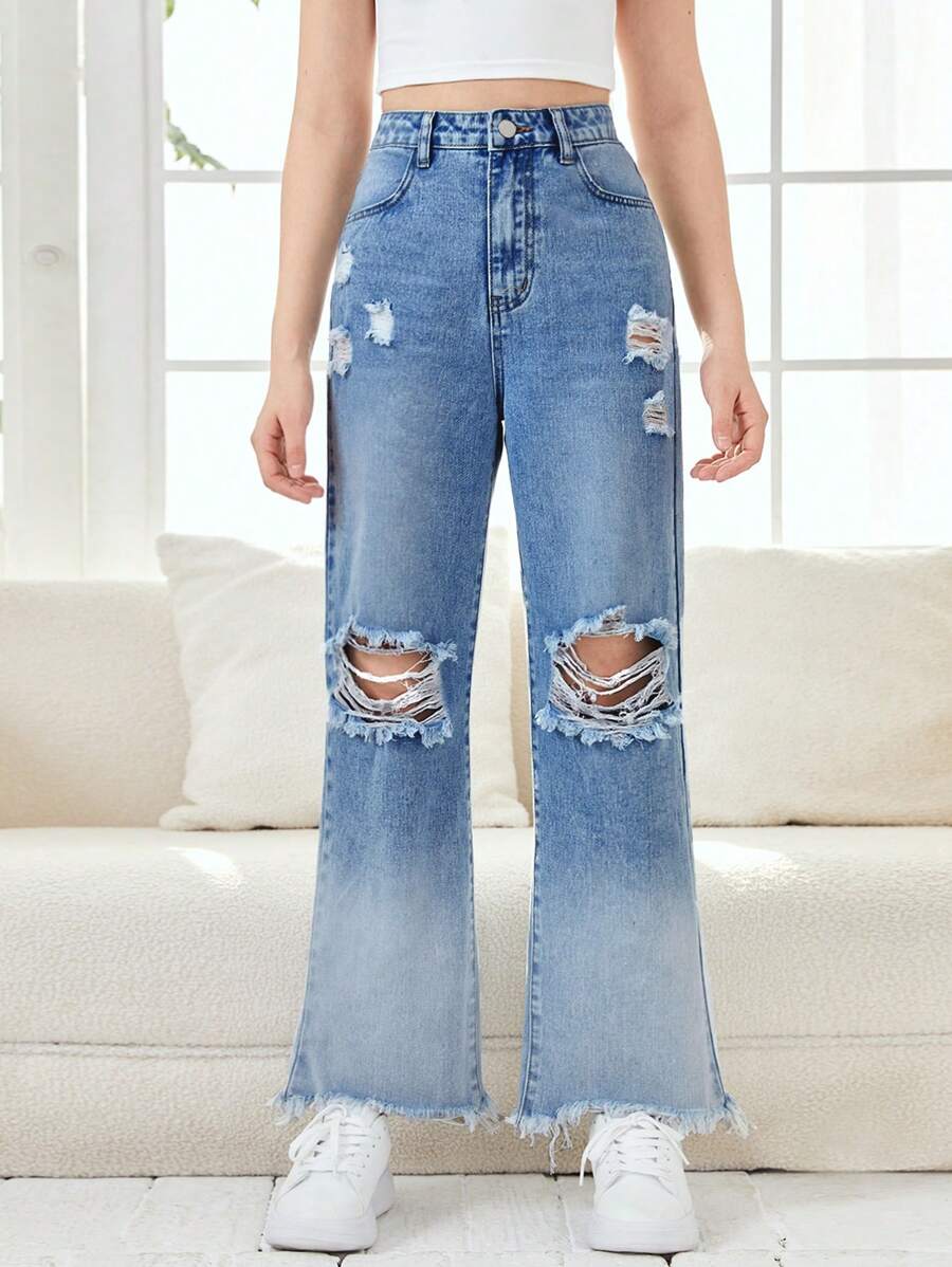 SHEIN 青少年女孩破洞毛邊牛仔喇叭褲 - 中等水洗藍 - 查看 1