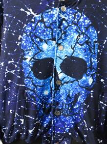 Tween Boy Skull Print Striped Trim Drop Shoulder Bomber Jacket Without Hoodie - Blue - View 5