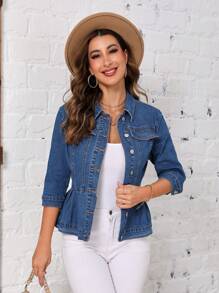 SHEIN LUNE Flap Detail Ruffle Hem Denim Jacket - Blue - View 4