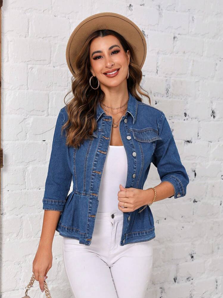 SHEIN LUNE פרטי אבזם שכבות מלמלה ג'קט ג'ינס - כחול - ראה 4