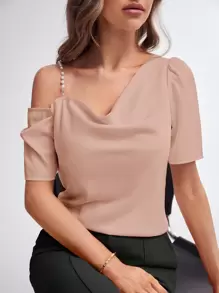 BizChic Pearls Beaded Asymmetrical Neck Blouse - Dusty Pink - View 1
