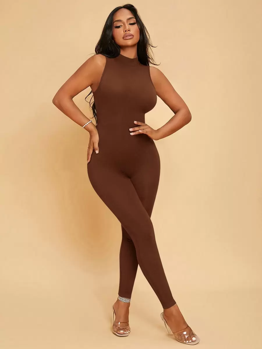 SHEIN SXY Solid Mock Neck Unitard Jumpsuit - Chocolate Brown - View 1