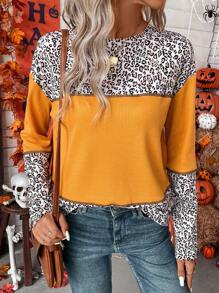 SHEIN LUNE Leopard Print Drop Shoulder Tee - Orange - View 6