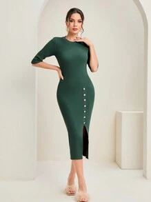 Modelyn 紐扣細節高衩毛衣洋裝 - 綠色 - 查看 5