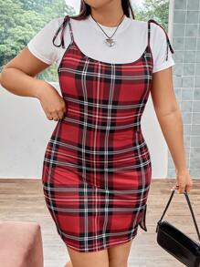 SHEIN ICON 大碼格紋印花肩上打結下擺開叉吊帶緊身洋裝不帶T恤 - 彩色 - 查看 1