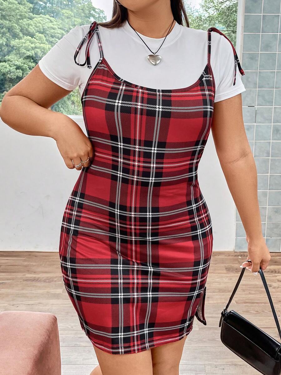 SHEIN ICON 大碼格紋印花肩上打結下擺開叉吊帶緊身洋裝不帶T恤 - 彩色 - 查看 1
