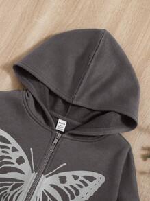 少女蝴蝶印花拉链卫衣，秋冬季 - 深灰色 - 查看 3