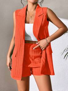 SHEIN Essnce Solid Lapel Neck Vest Blazer & Shorts