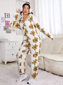 SHEIN EZwear Họa tiết gấu Thiết kế tai 3D áo có mũ Dây kéo mặt trước Flannel Áo liền quần - Nhiều màu - Xem 5