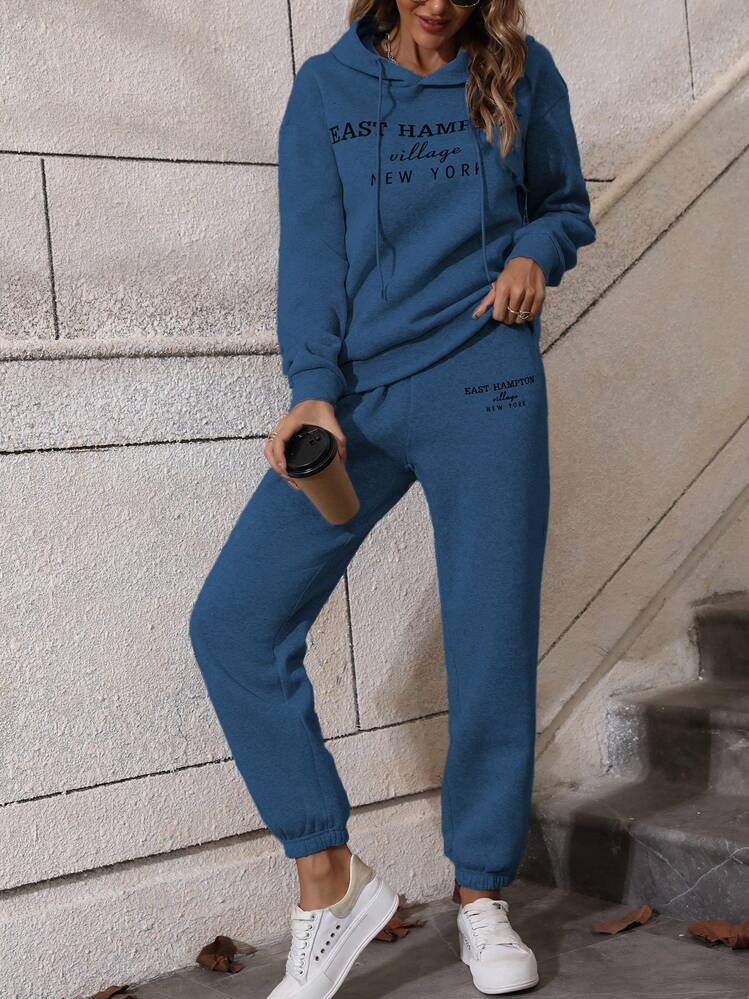 SHEIN LUNE Pantalones deportivos con capucha con estampado de slogan de hombros caídos con cordón - Neblina azul - Ver 1