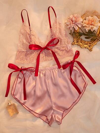 Seduluxe Women Pajama Sets Busur Kontras Lace Blok Warna