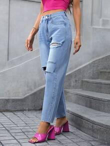 SHEIN Essnce 破洞直筒牛仔褲 - 中等水洗藍 - 查看 6