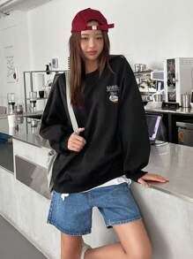 DAZY 標語和熱帶印花落肩袖套頭衫 - 黑色 - 查看 6