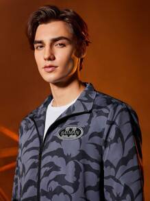 BATMAN X SHEIN 男士1入組滿版印花字母補丁細節夾克 - 黑色 - 查看 6