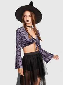 ROMWE Goth 蛇印花前繫帶鐘形袖短款上衣 - 紫色 - 查看 5