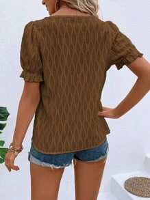 SHEIN LUNE Solid Notched Neck Puff Sleeve Blouse - Brown - View 2