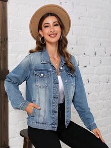 SHEIN LUNE Túi có nắp Áo khoác denim - Màu xanh lam - Xem 5