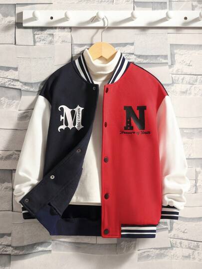 SHEIN Tween Boy 1pc Letter Graphic Colorblock Striped Trim Drop Shoulder Varsity Jacket