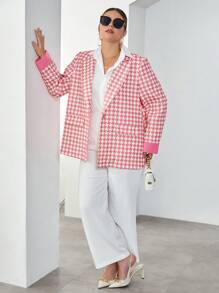 SHEIN Essnce Plus Houndstooth Print Single Button Blazer - Pink - View 4