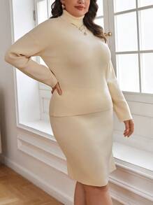 SHEIN Clasi Hơn Áo cao cổ Áo len & Viền chia cắt Váy dệt kim - Màu be - Xem 3