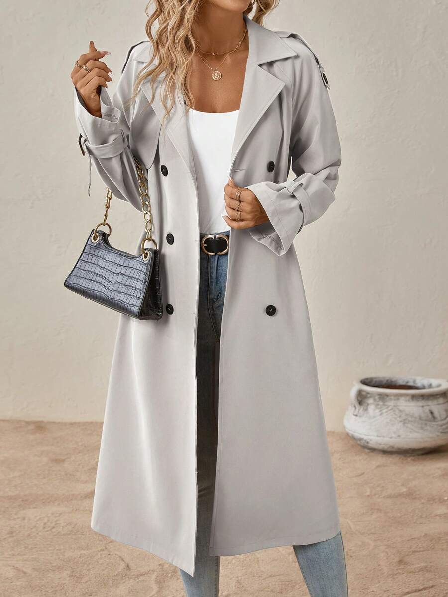 SHEIN Clasi Double Breasted Belted Trench Coat In Fall/Winter - Light Grey - View 1