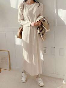 DAZY 實色肋紋針織毛衣連身裙 - 杏色 - 查看 5