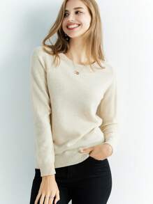 100% 美利奴羊毛女士圆领纯色柔软保暖休闲毛衣 - 杏色 - 查看 3