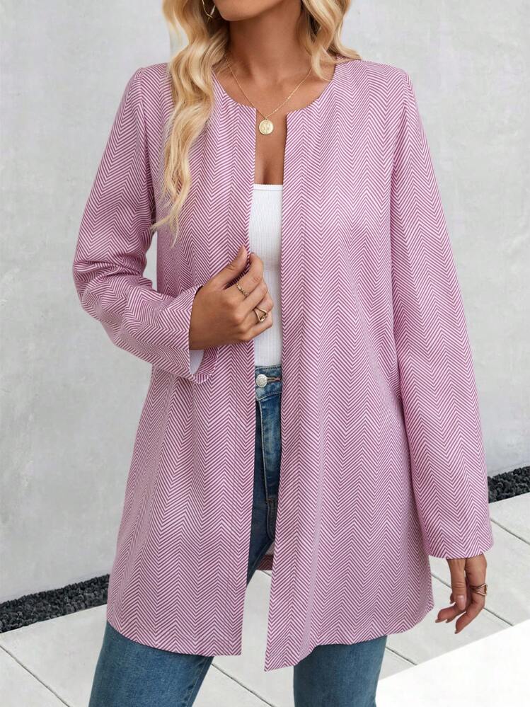 SHEIN LUNE Chevron Open Front Coat - Dusty Pink - View 3