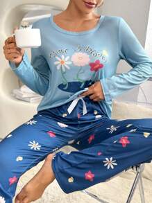 Floral & Letter Graphic Bow Front PJ Set / Pajama Set, Fall Winter Clothes - Multicolor - View 1