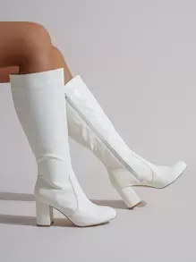 Botas altas de mujer de moda, botas largas casuales, zapatos de tacón grueso estilo británico, otoño/invierno - Blanco - Ver 4