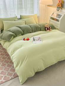 3pcs Green Washed Double-sided Duvet Cover And Pillowcase Set - Green - View 6