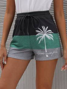 SHEIN LUNE Coconut Tree & Letter Graphic Colorblock Drawstring Waist Shorts - Multicolor - View 5