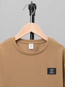SHEIN Boys' Patch Decor Knit Crew Neck Long Sleeve T-Shirt Fall Winter - Camel - View 4