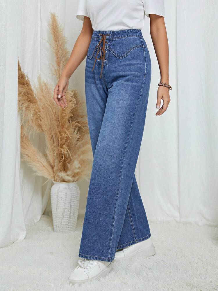 Lace Up Front Wide Leg Jeans