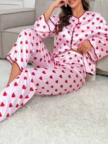 SHEIN Conjunto de pijama de satén con estampado de corazones y ribete de contraste - Multicolor - Ver 1