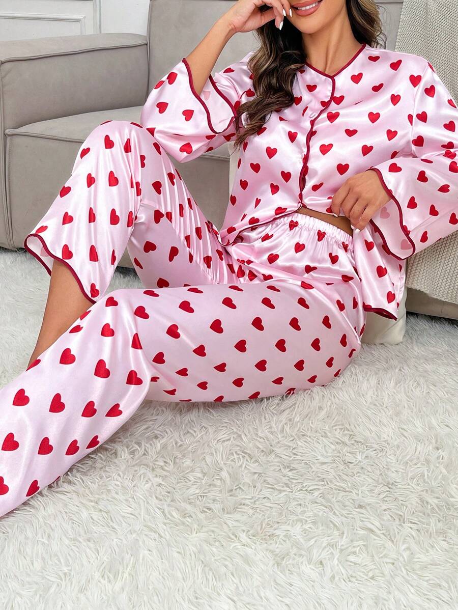 SHEIN Conjunto de pijama de satén con estampado de corazones y ribete de contraste - Multicolor - Ver 1