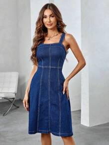 SHEIN Frenchy 寬肩帶牛仔吊帶洋裝 - 藍色 - 查看 5