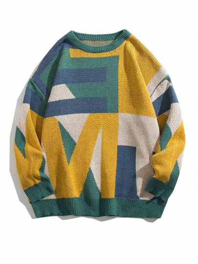 男士几何图案落肩毛衣，秋冬款