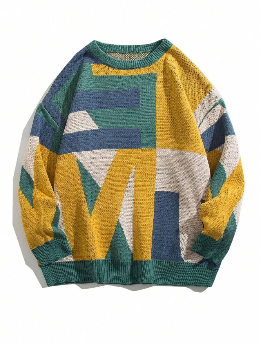 男士几何图案落肩毛衣，秋冬款 - 綠色 - 查看 1